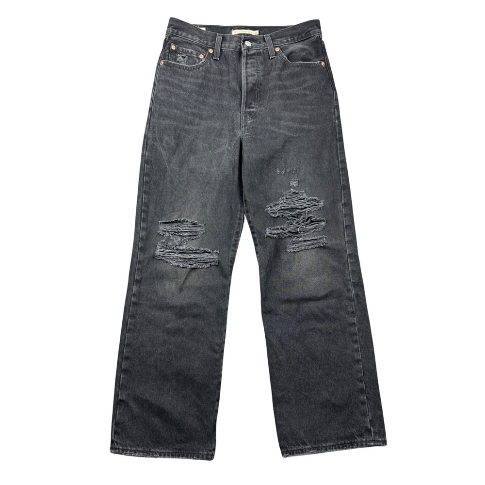 Levis Premium Ribcage Straight Ankle Jeans 28 Washed Black Distressed High Rise